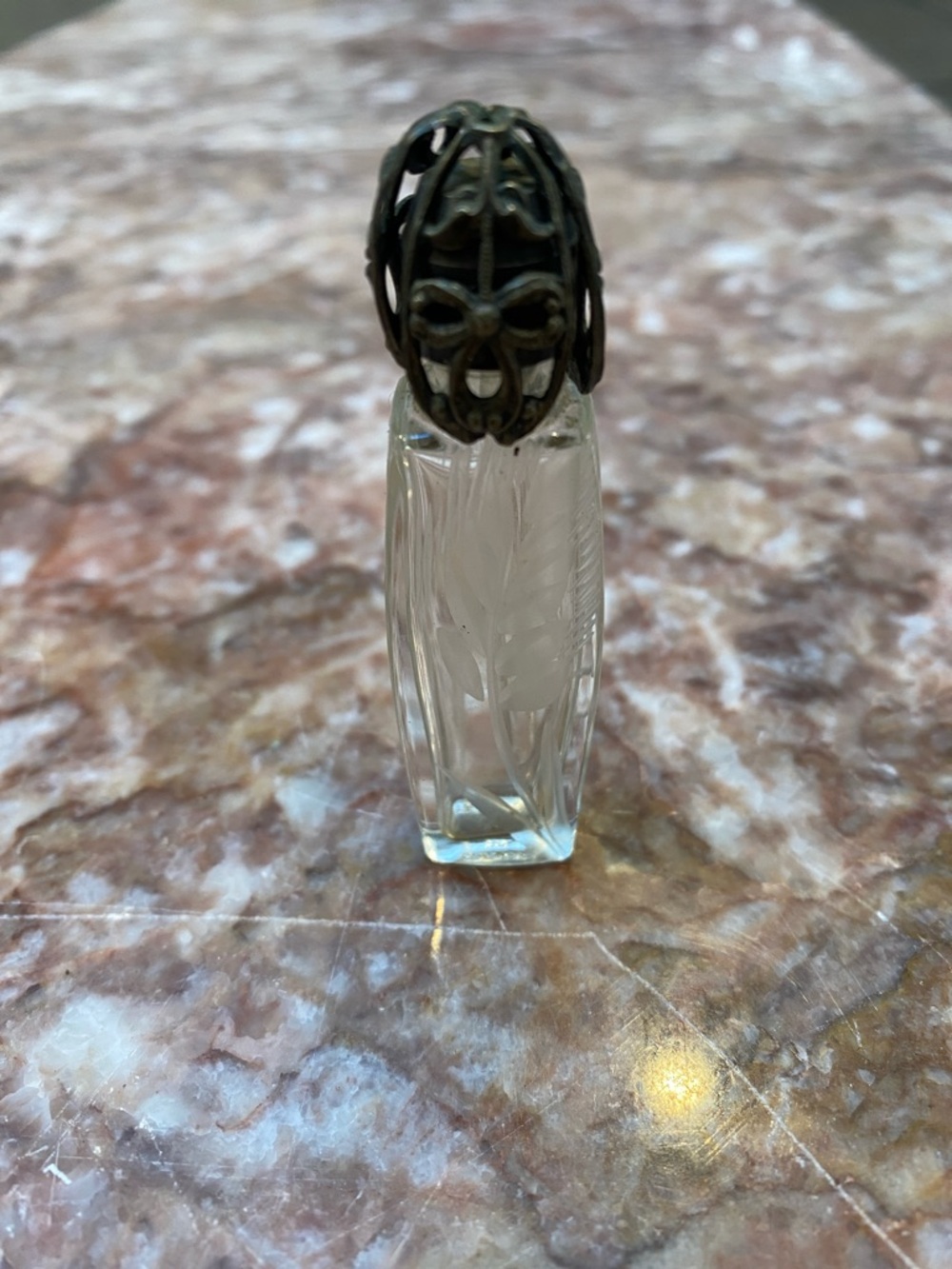 Vintage Carved Glass Perfume Bottle Ornate Metal Cap - Clear -made in France